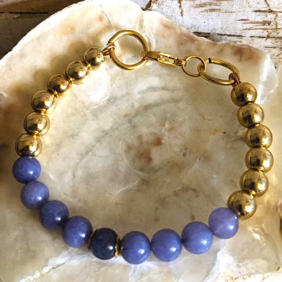 Natural Lavender Purple Jade & Gold Balls In Half And Half Beaded Bracelet - Picture 4 of 5